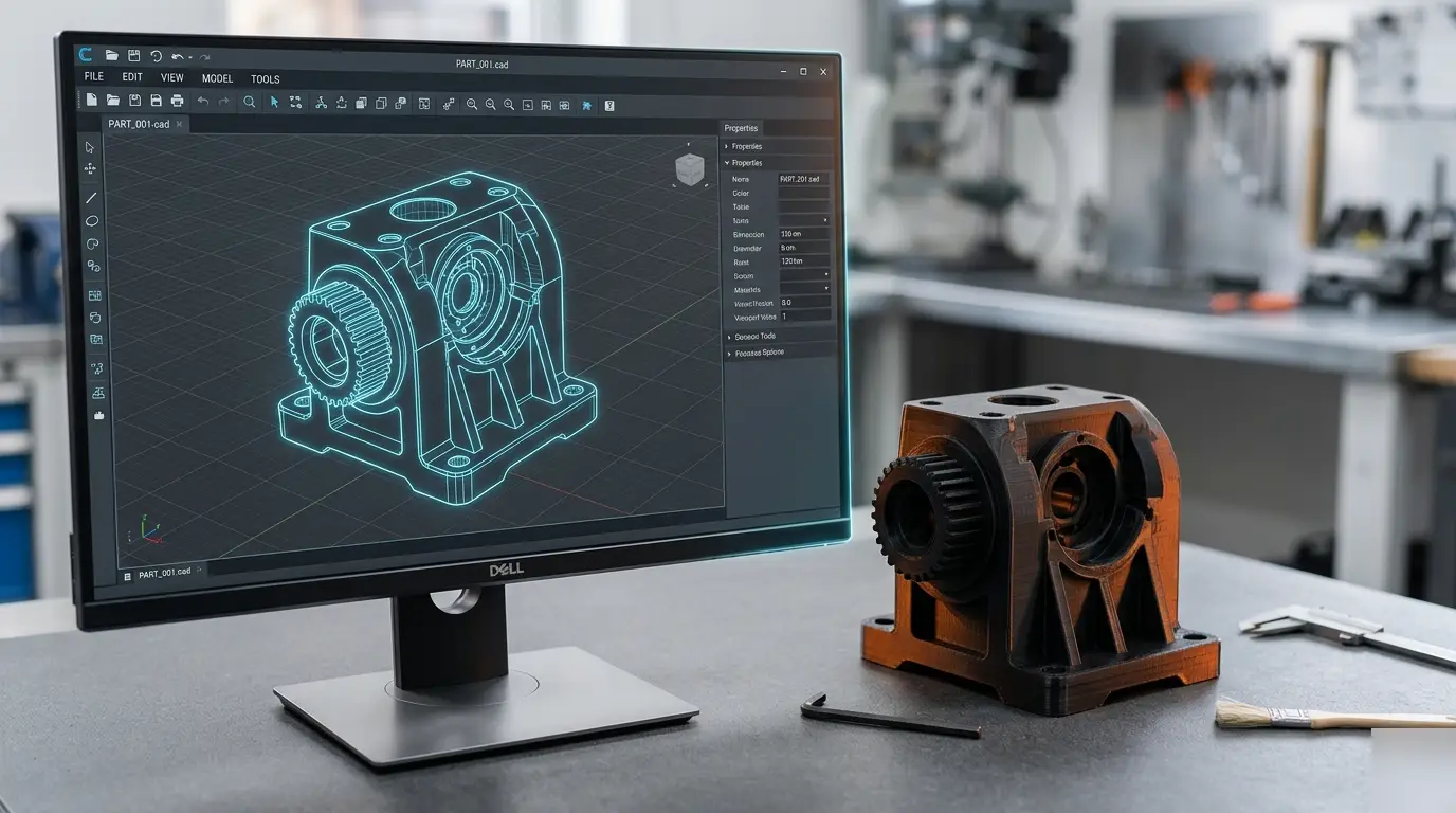 3D-malli tietokoneen ruudulla ja valmis 3D-tulostettu kappale vierekkäin
