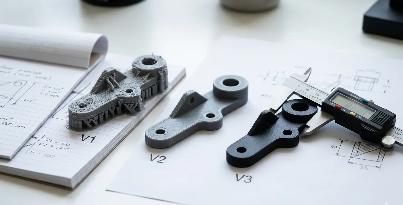 Kolme prototyyppiä V1, V2 ja V3 vierekkäin pöydällä mittavälineiden kanssa, osoittaen iteratiivista kehitystä