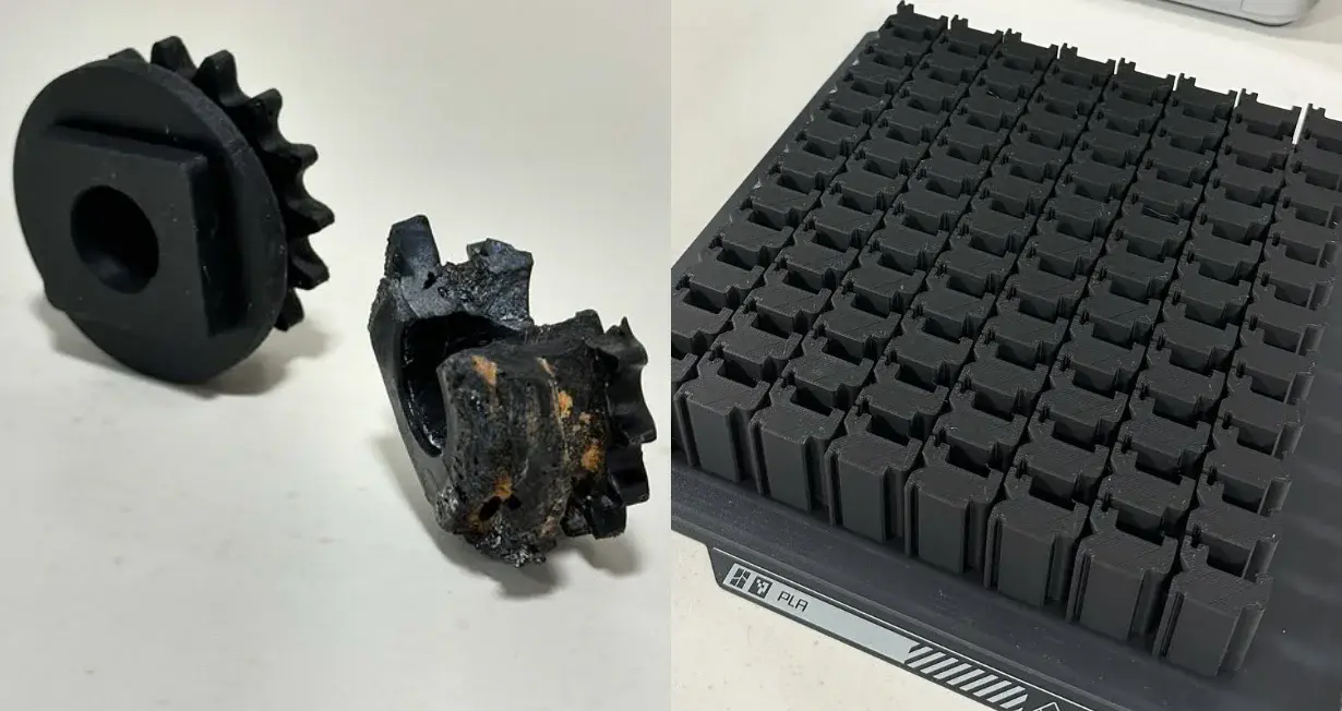 3D-tulostettu prototyyppi ja sarjatuotettuja osia tulostimen alustalla