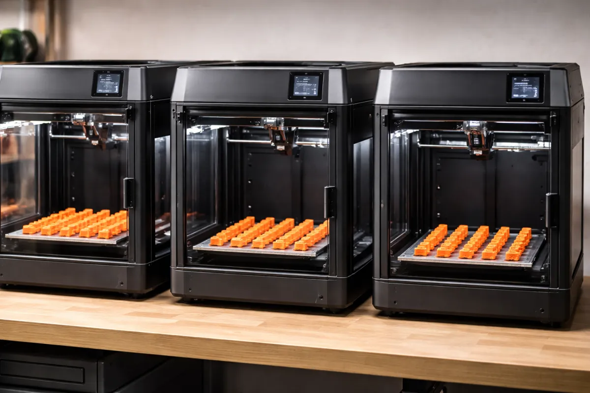 Kolme 3D-tulostinta sarjatuotannossa, jokaisella tulostuslevyllä kymmeniä identtisiä oransseja osia