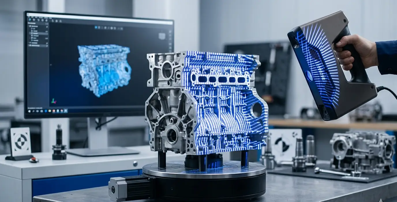 3D-skanneri digitalisoi metallikappaletta strukturoidulla valolla, pistepilvi muodostuu tietokoneen ruudulle